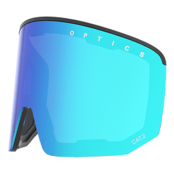 Die blau getönten NOVA-Skibrillengläser von NAKED Optics verfügen über einen CAT 2-Schriftzug am oberen Rand, ein OPTICS-Branding und ein Magnetwechselsystem für einen einfachen Scheibenwechsel.