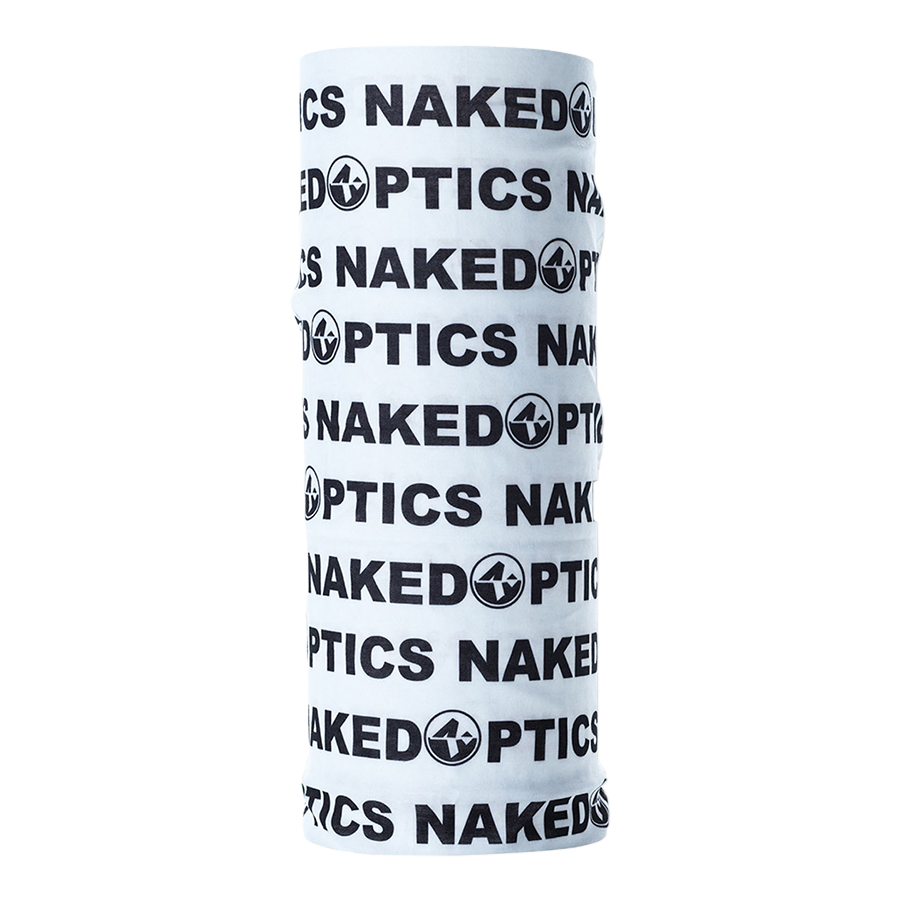 NAKED Optics Schlauchschal (Bandana) mit weißem Design und wiederkehrendem schwarzem „NAKED OPTICS“-Schriftzug sowie runden Logos – ein vielseitiges Accessoire, ideal zum Skifahren, für Wintersport und Outdoor-Aktivitäten.