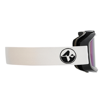 Seitenansicht einer NAKED Optics OTG-Goggle mit weißem Band, schwarzem Logo, getönten Gläsern und schwarzem Rahmen - ideal zum Tragen über einer Korrektionsbrille.