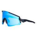 Introducing The FALCON by NAKED Optics—a stylish black and blue Sportsonnenbrille with mirrored lenses and signature NAKED branding on the arm. This sportbrille provides UV400 Schutz, ensuring your eyes stay protected during all your outdoor activities.