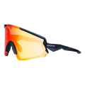 The FALCON by NAKED Optics is a sporty sportbrille featuring a black frame and red-orange mirrored lens, with “NAKED” displayed on the arm. These Sportsonnenbrille offer UV400 Schutz to keep your eyes protected during any outdoor activity.