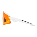 The FALCON by NAKED Optics is a white sport sunglasses featuring an orange mirrored shield lens with UV400 protection, shown in a side view against a plain background.
