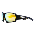 The CHARGE Fullframe by NAKED Optics is a black sport sunglasses model with yellow reflective lenses, crafted from lightweight TR90 material and featuring UV400 protection. The word “NAKED” appears on the side in gold letters.