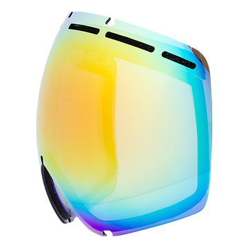 Ein leuchtendes, reflektierendes NAKED Optics Skibrille-Glas in blauen, gelben und orangen Farbverläufen - perfekt als Ersatzgläser GLOBE oder Schlechtwetterglas für bessere Sichtbarkeit auf der Piste, abgebildet vor einem weißen Hintergrund.