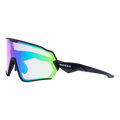 Introducing The HAWK by NAKED Optics: These black sports sunglasses feature reflective, multicolored lenses and the NAKED logo on the side arm. Perfect as a Fahrradbrille für kleine Köpfe, The HAWK Sportbrille klein delivers a secure and comfortable fit for smaller faces without sacrificing style or performance.