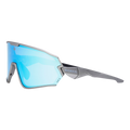 Sporty gray sunglasses—The HAWK by NAKED Optics—with blue mirrored lenses, displayed from a side angle on a white background. Ideal as a Fahrradbrille für kleine Köpfe, these Sportbrille klein are specifically designed by NAKED Optics to provide a secure and comfortable fit for smaller faces.