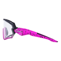 Pink and black speckled sports sunglasses with clear lenses, viewed from the side on a white background. The HAWK by NAKED Optics is specially designed as a Fahrradbrille für kleine Köpfe (cycling glasses for small heads), providing a comfortable and secure fit for smaller faces.
