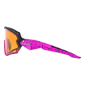 The HAWK by NAKED Optics are pink and black speckled sport sunglasses with orange lenses, shown from the side on a white background. Ideal as a Fahrradbrille für kleine Köpfe, these Sportbrille klein provide a comfortable and secure fit for smaller head sizes.