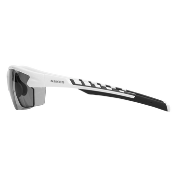 Seitenansicht der sportlichen schwarz-weißen NAKED Optics Photochrome Sportbrille mit dicken Bügeln, dunklen Gläsern und UV400 Schutz für optimalen Augenschutz.