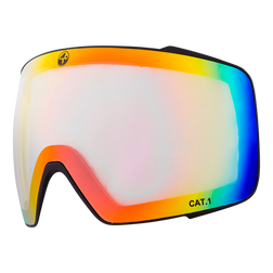 Eine einzelne NAKED Optics Snowboard- und Skibrille mit regenbogenfarbener, reflektierender Oberfläche und CAT.1-Label verfügt über eine Super-Anti-Fog-Beschichtung für klare Sicht auf der Piste.