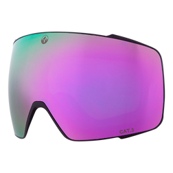 Rahmenlose Snowboard- und Skibrille von NAKED Optics mit reflektierendem rosa-violettem Glas und einer kleinen CAT.3-Markierung in einer Ecke.