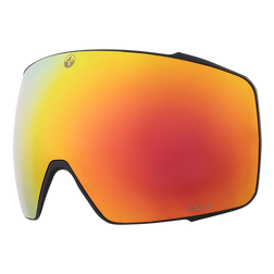 Die NAKED Optics Snowboard- und Skibrille verfügt über eine breite, gewölbte, rot-orange verspiegelte Scheibe mit schwarzem Rahmen, CAT.2-Label in der Ecke und Super-Anti-Fog-Beschichtung für klare Pistensicht.