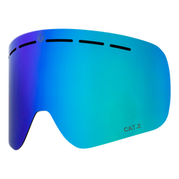 NAKED Optics blau und grün reflektierende Snowboard Skibrille mit Lüftungsschlitzen, CAT 2 Markierung unten rechts und Anti-Fog-Beschichtung für klare Sicht.