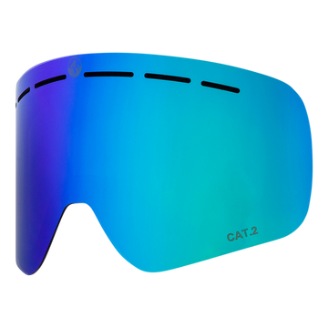 NAKED Optics blau und grün reflektierende Snowboard Skibrille mit Lüftungsschlitzen, CAT 2 Markierung unten rechts und Anti-Fog-Beschichtung für klare Sicht.