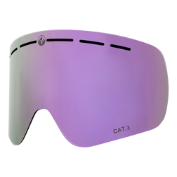 Die NAKED Optics Skibrille verfügt über eine lila getönte, gewölbte Scheibe mit Anti-Beschlag-Beschichtung, Belüftungsschlitzen und einer CAT.3-Kennzeichnung in der unteren Ecke.