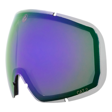 Gebogene, grün und lila verspiegelte NAKED Optics FAME Ersatzgläser Skibrille mit gekerbtem Boden und CAT 2 Markierung in der Ecke.