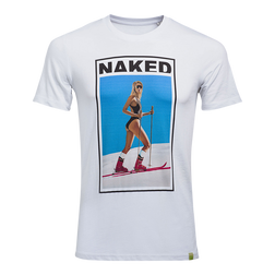 Weißes T-Shirt von NAKED Optics aus Bio-Baumwolle mit fettem NAKED-Schriftzug und einem Print eines Ski-Girls im Bikini auf der Vorderseite.