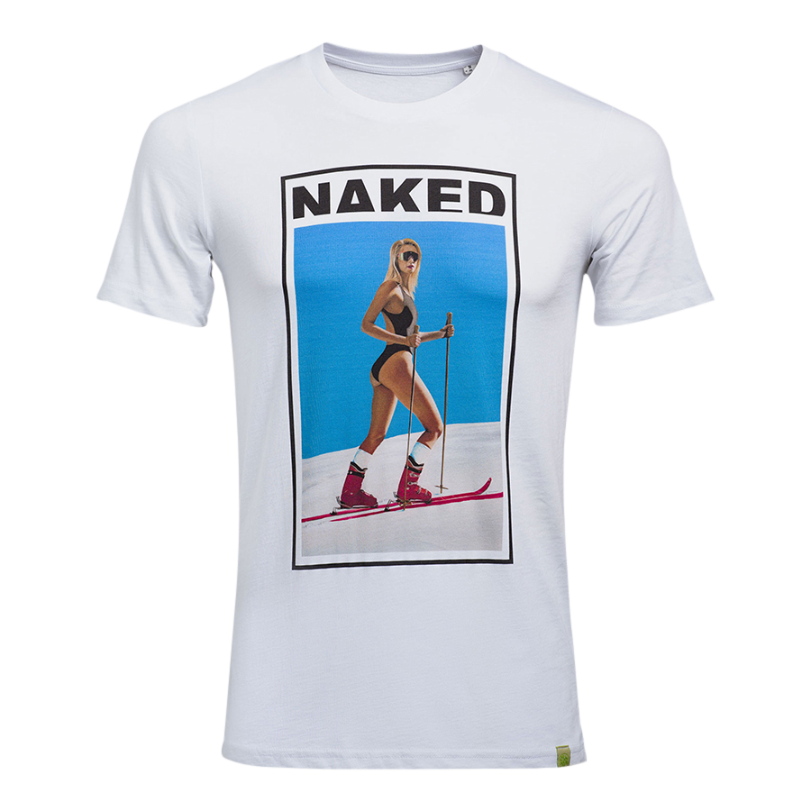 Weißes T-Shirt von NAKED Optics aus Bio-Baumwolle mit fettem NAKED-Schriftzug und einem Print eines Ski-Girls im Bikini auf der Vorderseite.