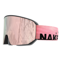Wir stellen vor: Die NOVA von NAKED Optics. Diese pinkfarbene Skibrille verfügt über eine verspiegelte Scheibe und ein pinkfarbenes Band, auf dem der Schriftzug „NAKED“ in schwarzen Buchstaben auffällig prangt. Ausgestattet mit einem innovativen Magnetwechselsystem für mühelosen Scheibenwechsel und einer wirksamen Anti-Fog-Beschichtung sorgt die NOVA für klare Sicht auf jeder Piste.