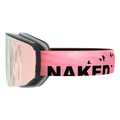 Die Skibrille „NOVA“ von NAKED Optics, hier von der Seite zu sehen mit rosa Gläsern und auf dem Band aufgedruckten fliegenden Vögeln, verfügt über eine Anti-Fog-Beschichtung für klare Sicht und ein praktisches Magnetwechselsystem für einen einfachen Glaswechsel.
