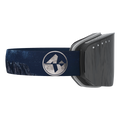 The NOVA by NAKED Optics is a black VR headset with “NAKED” displayed on the front and a mountain logo on the blue side strap. Inspired by the design of a große Skibrille, it features an Anti-Fog-Beschichtung for clear, immersive experiences.