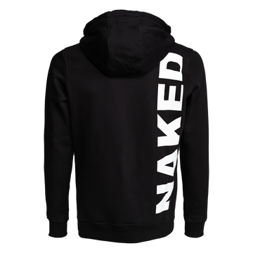 Schwarzer NAKED Optics Hoodie mit einem auffälligen vertikalen weißen Backprint von der Kapuze bis zum Saum. Dieser Unisex-Kapuzenpullover vereint Stil und Komfort für einen auffälligen Look.