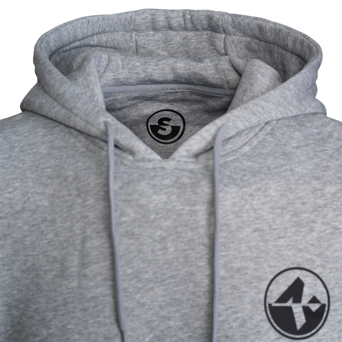 Unisex Hoodie Back-Print from NAKED Optics in gray, featuring black geometric logos on the left chest and inside the neckline.