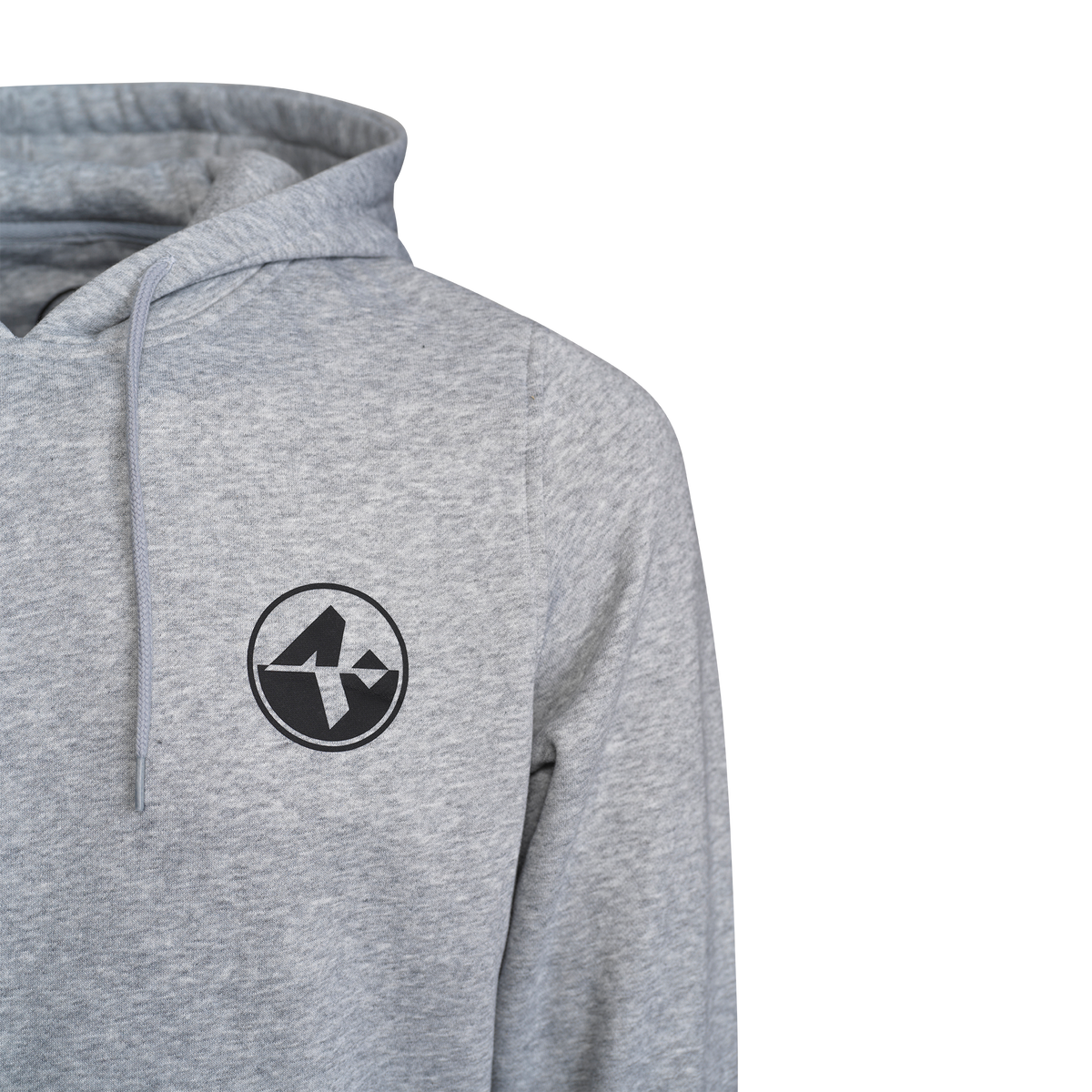 The Hoodie Back-Print, Unisex from NAKED Optics is a gray Kapuzenpullover featuring a black geometric logo on the left chest, displayed against a plain white background.