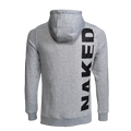 The unisex Hoodie Back-Print from NAKED Optics is shown from the rear against a white background, featuring a gray design with a bold black NAKED backprint in large letters running down the back.