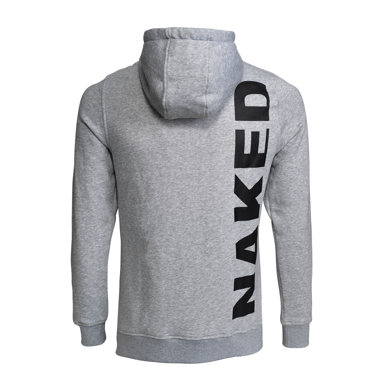 The unisex Hoodie Back-Print from NAKED Optics is shown from the rear against a white background, featuring a gray design with a bold black NAKED backprint in large letters running down the back.