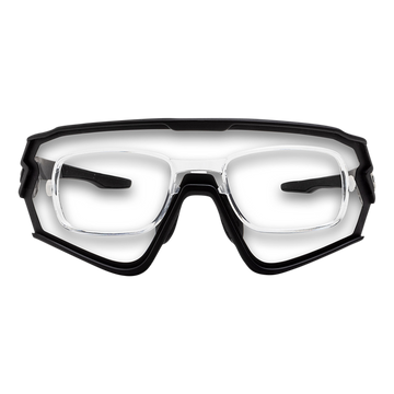 Vorderansicht der NAKED Optics Sportbrille in Schwarz und Klarsicht, mit robustem Rahmen und integriertem optischen Einsatz für Korrekturgläser.