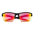 Occhiali da sole sportivi “The RUSH Halfframe” di NAKED Optics con montatura nera e lenti a specchio rosso-arancioni su sfondo bianco. Gli occhiali offrono protezione UV400 per una protezione ottimale degli occhi durante qualsiasi attività sportiva.