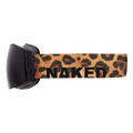 The STORM by NAKED Optics are ski goggles featuring a leopard print strap with the word “NAKED” in black letters, a sphärisch skibrille design, and advanced Anti-Fog-Beschichtung for clear vision on the slopes.