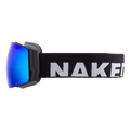 The STORM by NAKED Optics are ski goggles with blue lenses and a black strap emblazoned with the word “NAKED” in bold white letters. These Skibrille sphärisch feature an advanced Anti-Fog-Beschichtung for crystal-clear vision on the slopes.