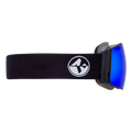 Black STORM ski goggles by NAKED Optics with a white logo strap and blue reflective lens, shown from the side. These sphärisch Skibrille feature an innovative Magnetwechselsystem for easy lens changes and a durable Anti-Fog-Beschichtung to ensure clear vision on the slopes.