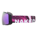 The STORM ski goggles by NAKED Optics feature a purple lens and a pink-and-white strap with the NAKED logo, shown against a plain background. Their sphärisch (spherical) design offers wider peripheral vision.