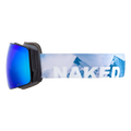 I modelli STORM di NAKED Optics sono occhiali da sci blu con un cinturino blu decorato con motivi montani e la scritta “NAKED” in lettere bianche. Questi occhiali da sci sferici offrono un ampio campo visivo e sono dotati di un avanzato rivestimento antiappannamento per garantire una visibilità nitida sulle piste.