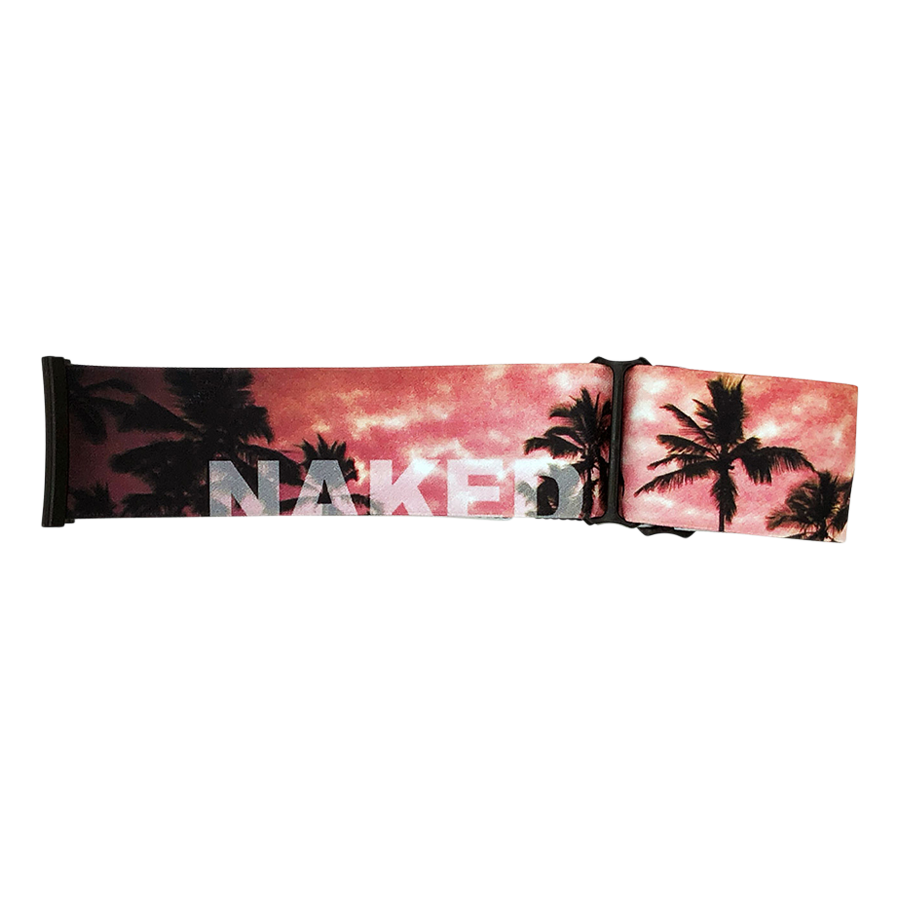 Ein Gürtel von NAKED Optics mit Palmen-Silhouetten und einem rosa Sonnenuntergangshintergrund, der den Schriftzug NAKED" in Weiß trägt - perfekt, um ihn mit Ersatzstraps oder der FORCE EVO Skibrille zu kombinieren.
