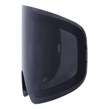 Dunkel getöntes, gewölbtes Motorradhelm-Visier von NAKED Optics mit SnapTech-Magnetsystem, dargestellt auf weißem Hintergrund.