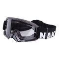 The RIFT by NAKED Optics are black and gray sports goggles with a clear anti-fog glass lens and an adjustable black strap featuring white text on the side, ideal for use as Motocross Brille or Downhill Brille.